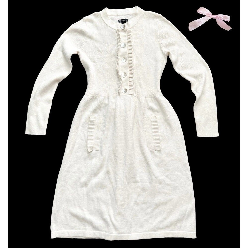 Y2K Dress Sweater Knit Size PM Ivory New Directions Fit Flare Ruffles Tie Soft